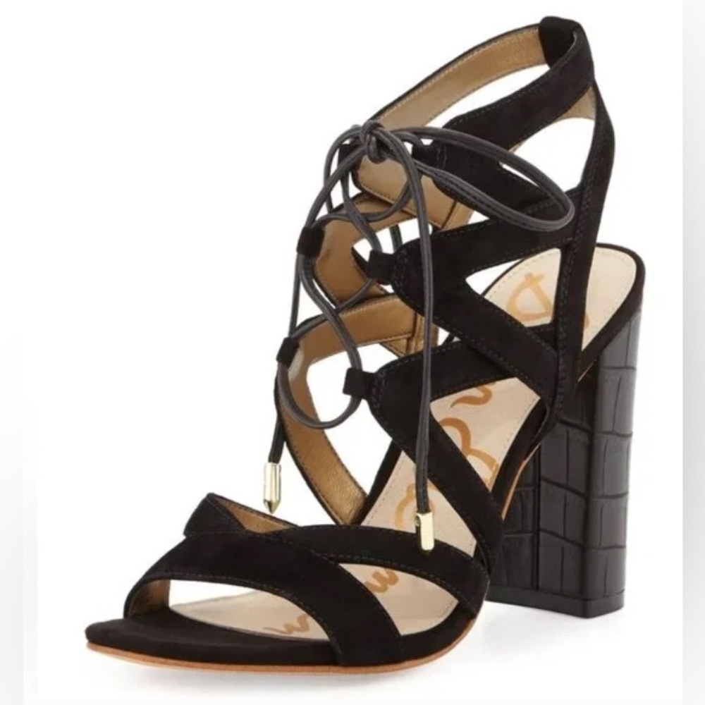 Sam Edelman Yardley Black Suede Lace-Up Block Heels, Size 10
